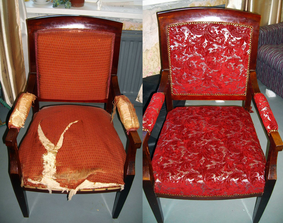 Ремонт реставрация мебели. Обивка стульев. Обтяжка стульев. Обивка сиденья стула. Обивка старого кресла.
